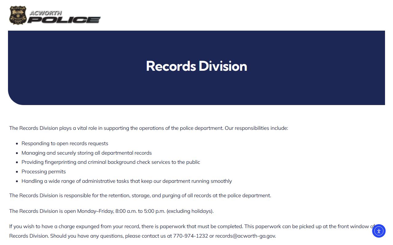 Acworth Police Records Division people search