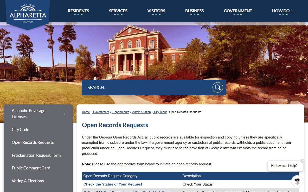 Alpharetta open records request page for people search