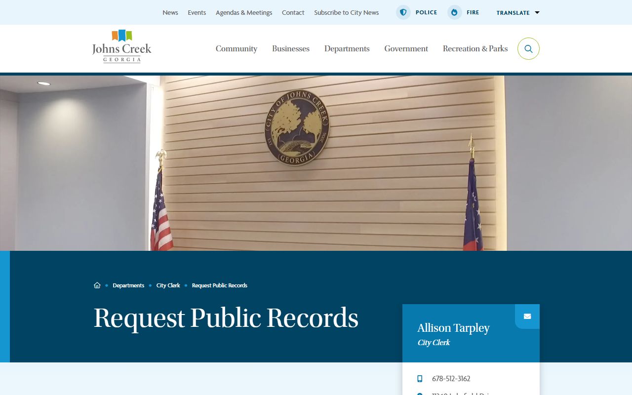 Johns Creek open records request page for people search