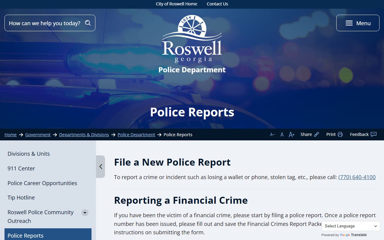 Roswell people search police reports information page