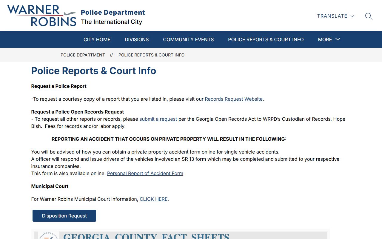 Warner Robins police reports page for people search records