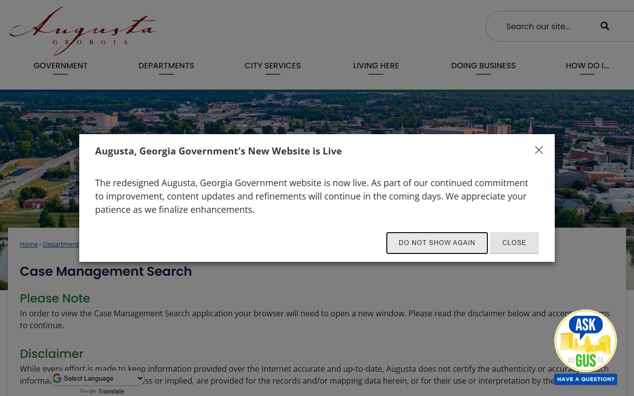 Augusta-Richmond County case search disclaimer people search