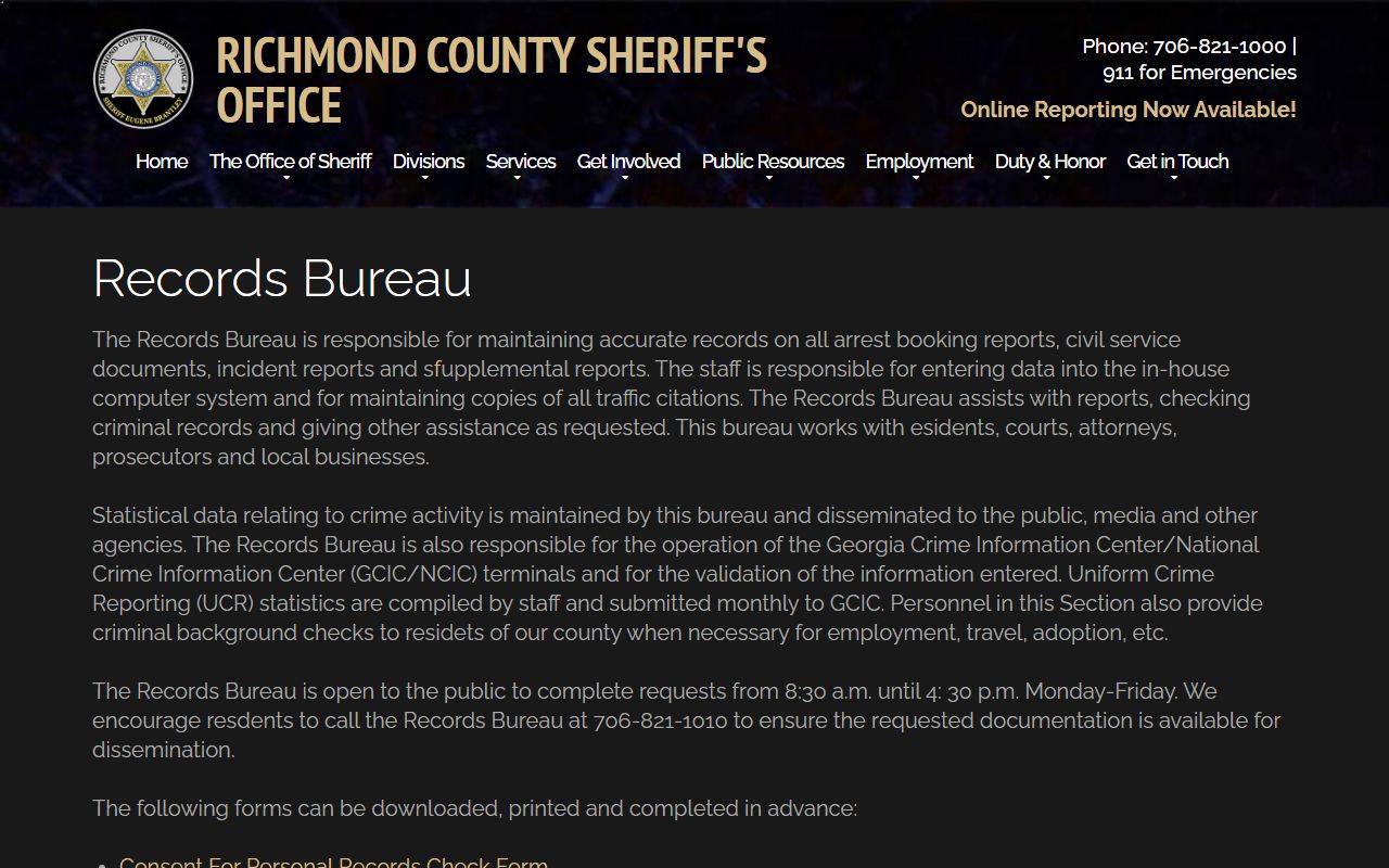 Augusta-Richmond County sheriff records bureau people search